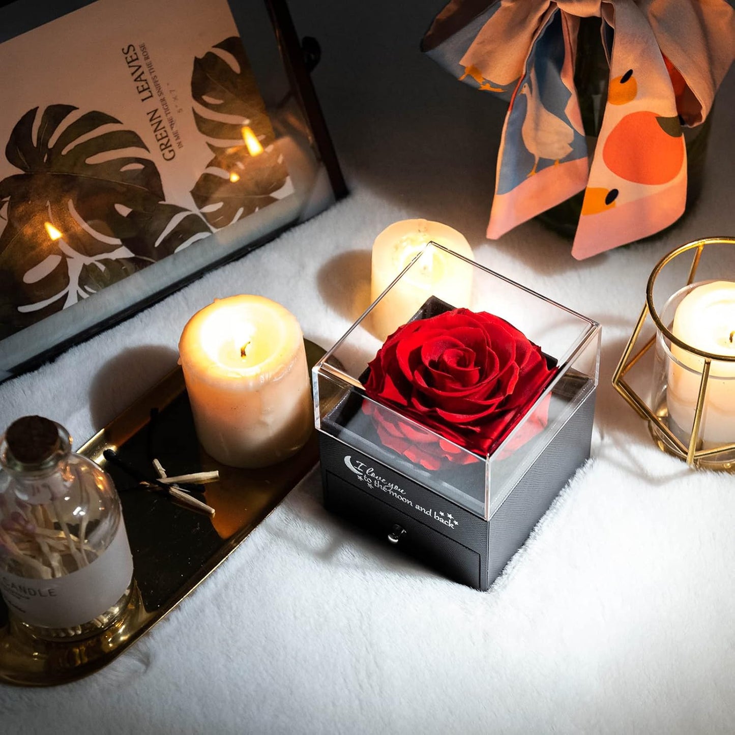 Caja de Regalo de Joyería con Rosa Preservada en Acrílico